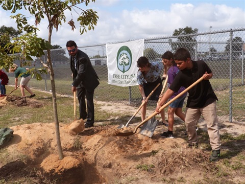 Adults and kids planting a tree outside