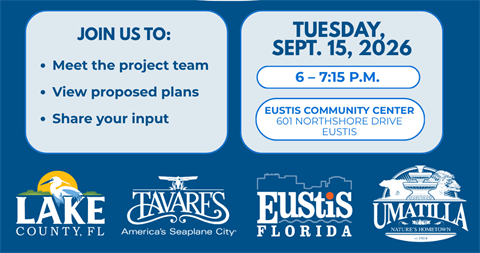 The North Lake Trail Feasibility Study Open House will be on Tuesday, Sept. 15, from 6 - 7:15 p.m. at the Eustis Community Center. 