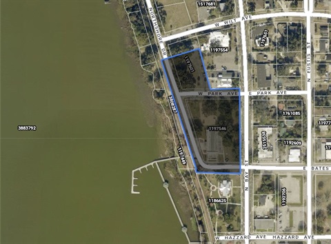 Properties included in the proposed redevelopment site are outlined in blue.