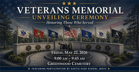 The Veterans Memorial Unveiling Ceremony will be on Friday, May 22 at 9 a.m. in Greenwood Cemetery 