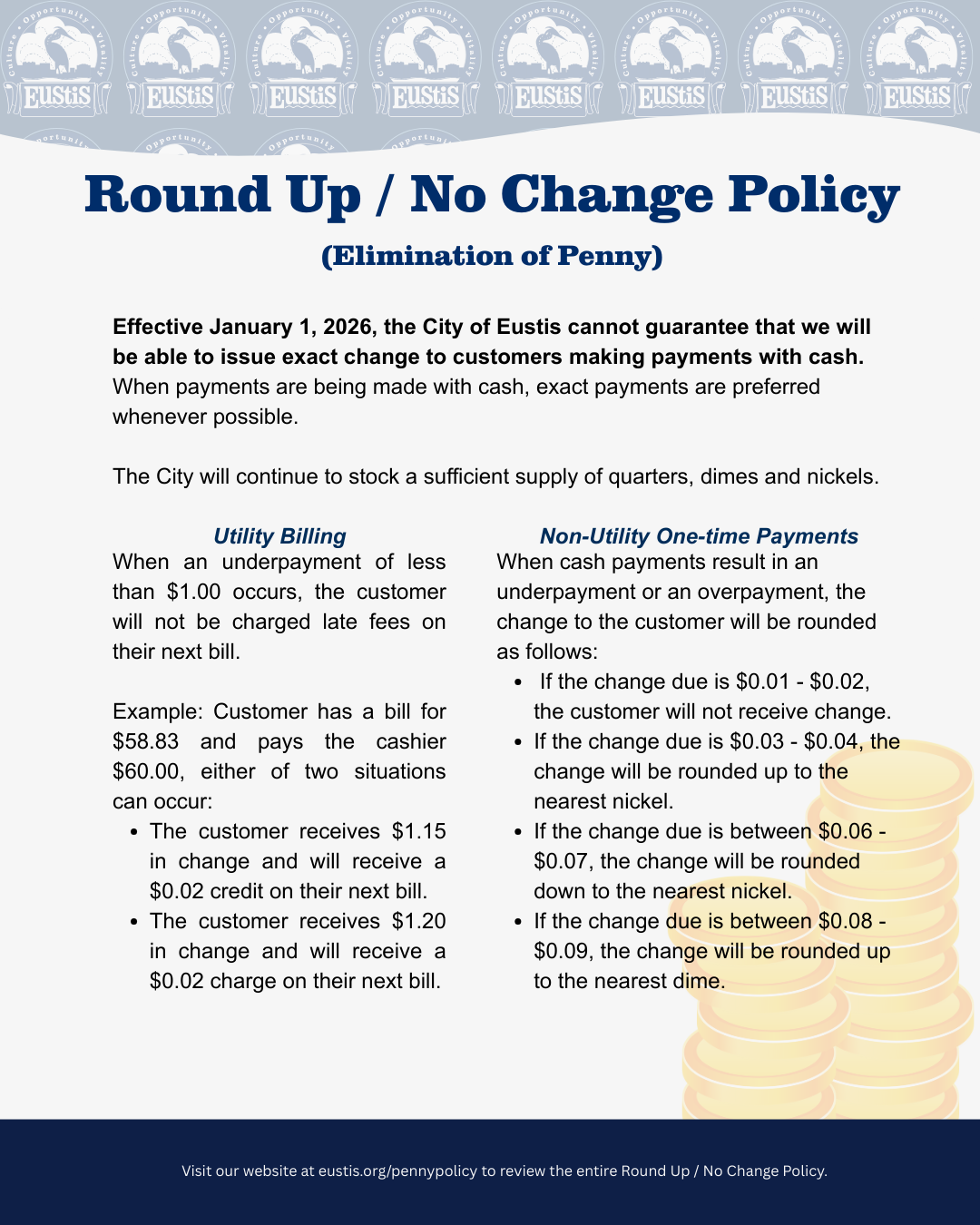 The Round Up / No Change Policy will be effective on Thursday, Jan. 1.