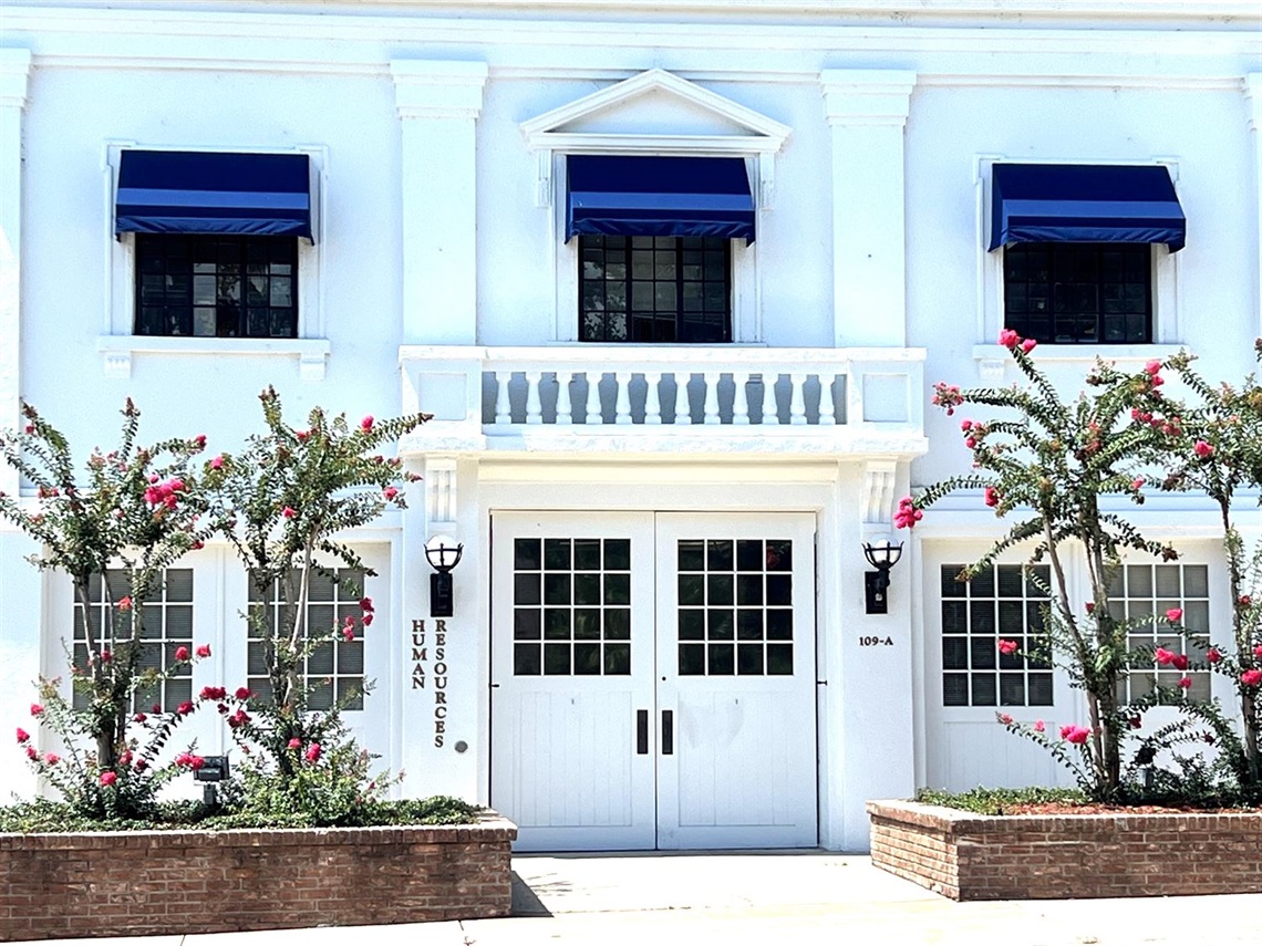 Outside of Human Resources with new Navy Blue awnings