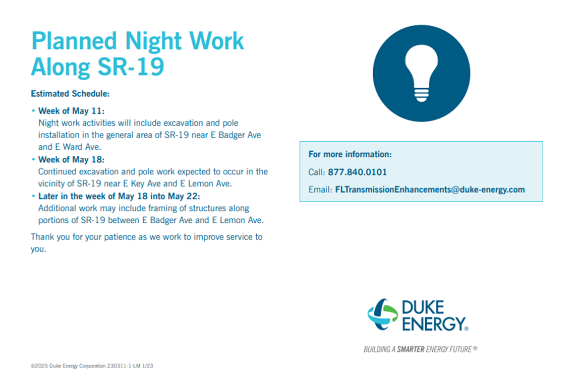Planned Night Work Along SR-19 will take place between May 11 - 22 of 2025.