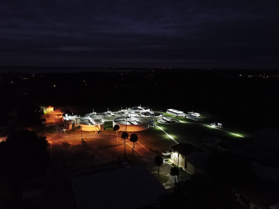 Eustis Wastewater Plant Aerial Shot at night
